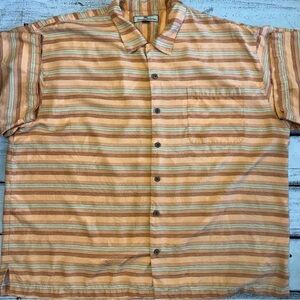 Tommy Bahama 100% Silk Shirt XXL Orange Stripe Jacquard Tropical Camp Resort